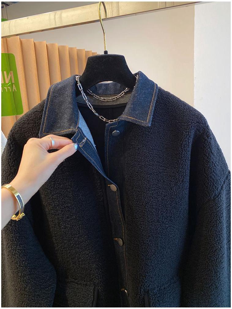 Women's Loose Fit Denim Patchwork Lambswool Jacket - Korean Style Autumn/Winter Plus Size Fur Top