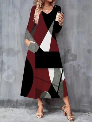 2025 Autumn and Winter New Women Casual Fashion Dress 3D Geometric Pattern Print  Long Sleeve V-Neck A-Line Dresses