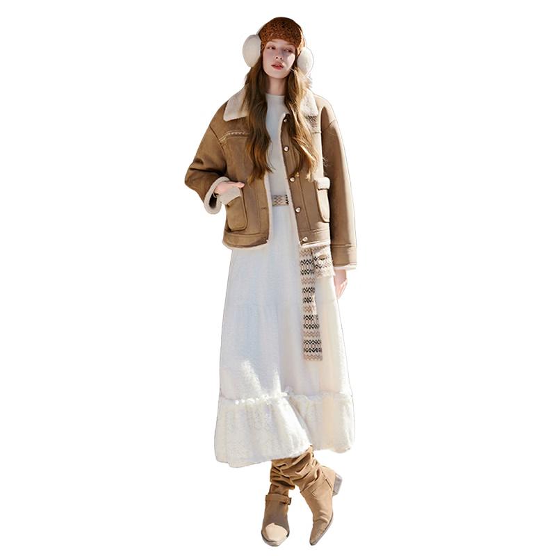 

Women s Faux Suede Fur-Integrated Lapel Winter Coat M