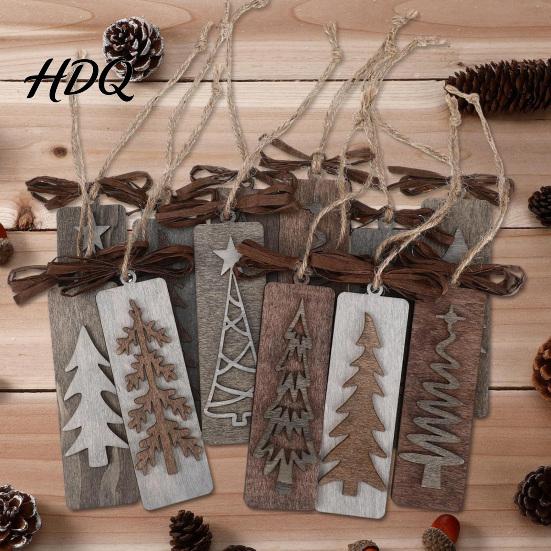 Christmas Tree Gift Tags Wooden Pendant with Lanyard Double Layer Solid Wood Holiday Party Favors Hanging Ornament Bow Decor for Home Winter
