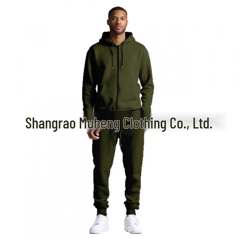 Men's Solid Color Plus Velvet Hooded Sports Set - Zipper Long Sleeve, Warm for Autumn/Winter
