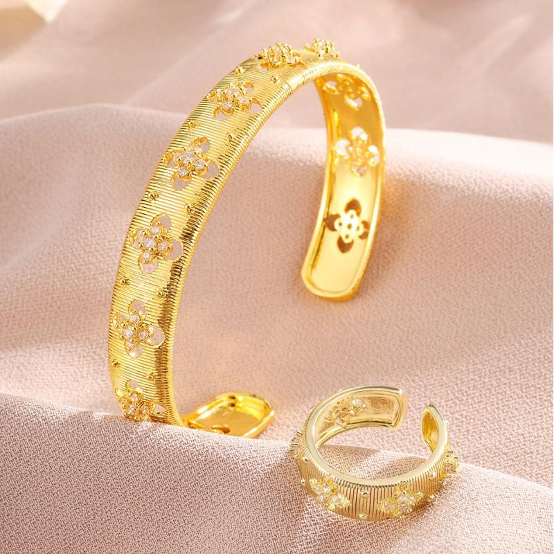 New Chinese Style Vintage Clover Jewelry Set Women Hollow Wire Drawing Bracelet Ring