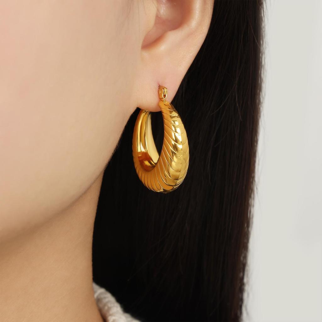 Gold-Plated Titanium Steel U-Shaped Earrings: Simple, Unique, Eccentric Geometric Design with Decorative Line Texture.