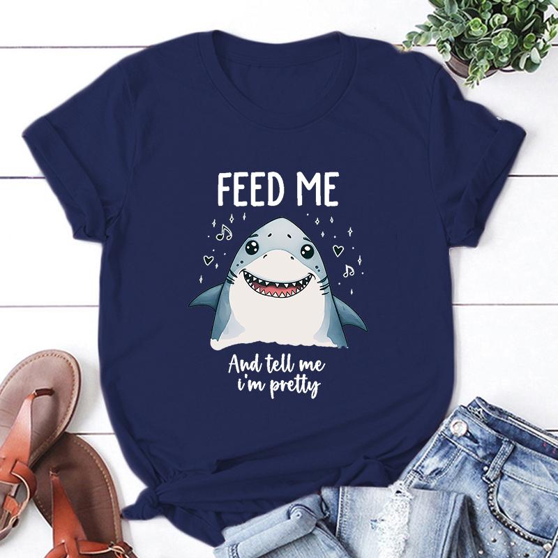 Hot Shark Feed Me And Tell Me I'M Pretty Print Unisex T-Shirt Loose Short Sleeve Harajuku Casual Tops Women T-Shirt