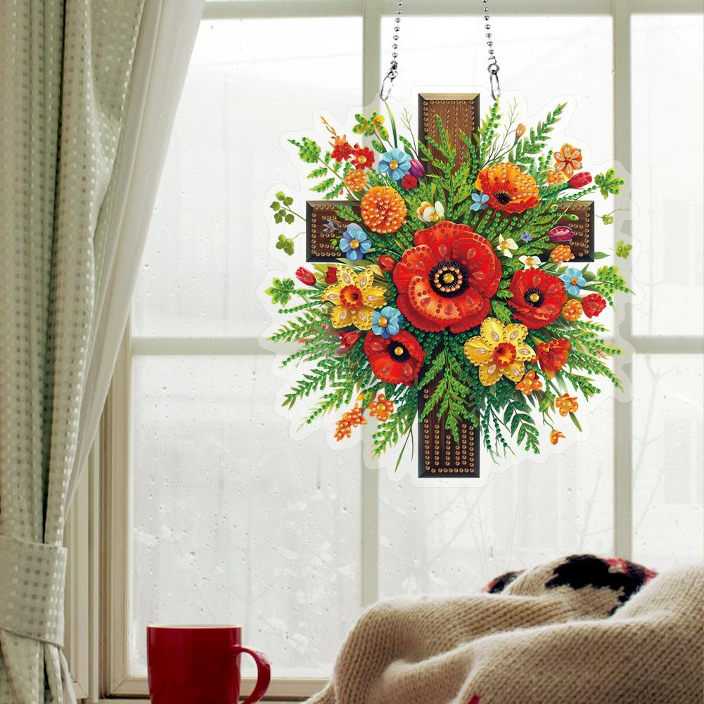 Acrylic Special Shaped Cross Flower Diamond Painting Hanging Decorations Rhinestone Diamond Art Window Pendants for Office Decor