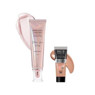 FACESCANADA Rose Glow Kit Medium Coverage Rose Gold Strobe Cream (30Ml) + Caramel Natural All Day Hydra Matte Mini Foundation (15Ml)