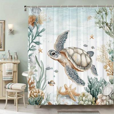 Sea Turtle Pattern Shower Curtain with 12 Hooks for Room, Home, Hotel, Laundry Washable Bathroom One Piece
