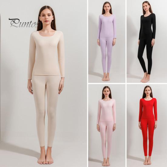 2 Pcs/Set Winter Women Thermal Underwear Set Round Neck Seamless Long Sleeve Warm Thick Double-sided Plush Slim Fit Elastic Lady Cold Weather Pajamas