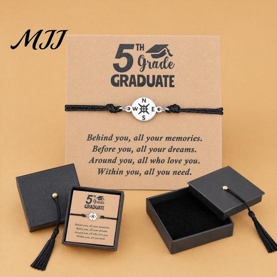 Graduation Bracelet Distance Matching Bracelet, Adjustable Black Rope Braided Compass Pendant for Best Friends Couple Family Women Men Class