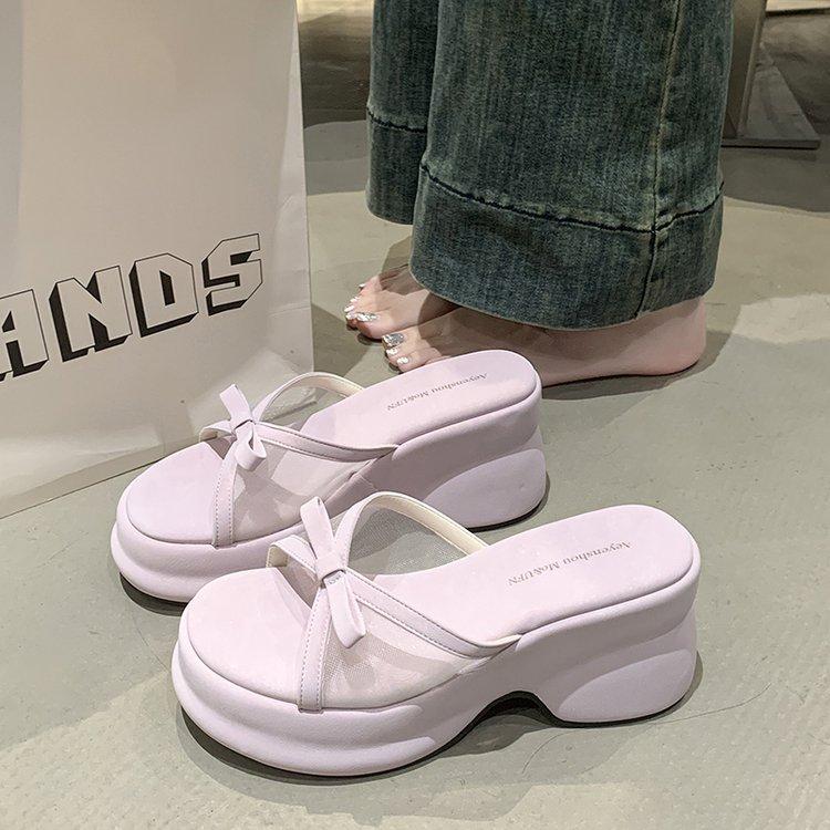 

French thick-soled breathable mesh bow one-word slippers for women s summer wear are not tired, and the foot slope heel is beautiful, sandals and 39