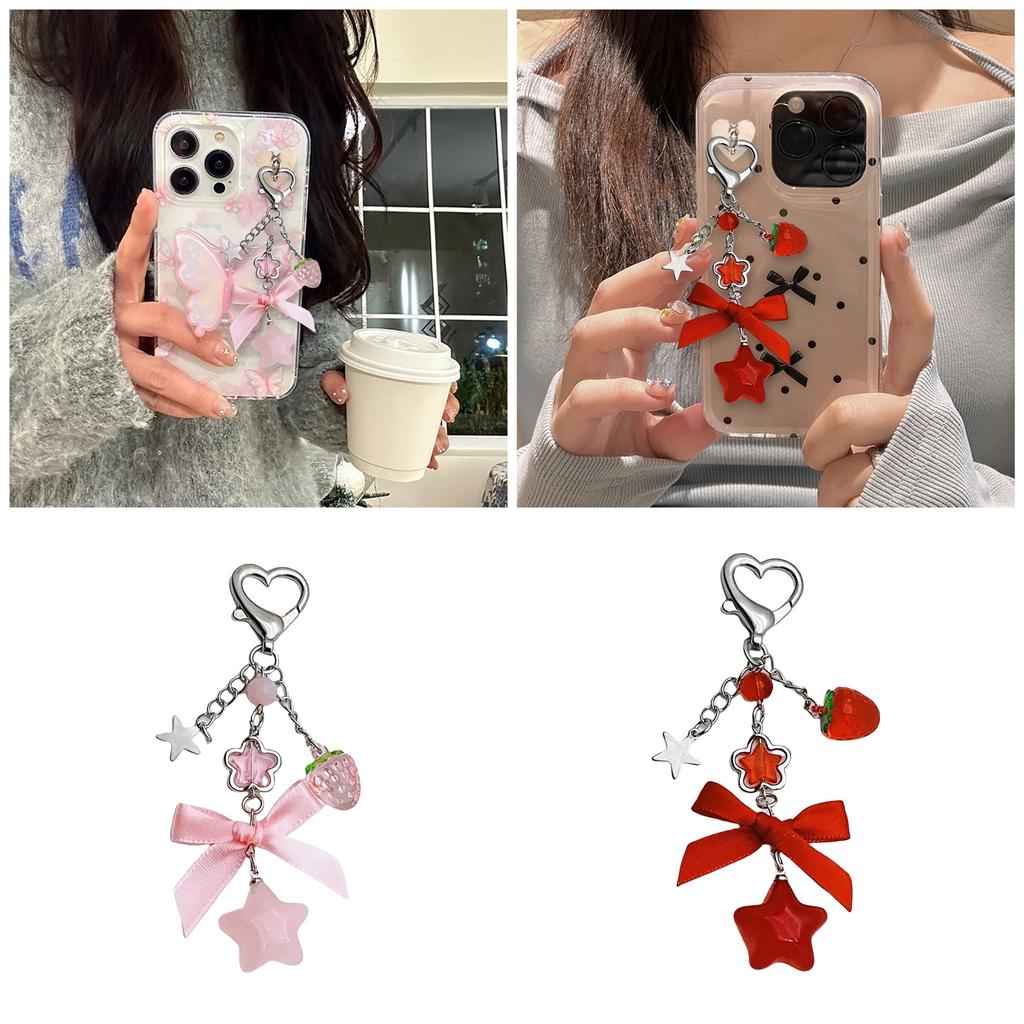 Strawberry Keychain Charm Multifuntional Bowknot and Star Bag Charm Key Accessory Suitable for Keys and Fashion Bags