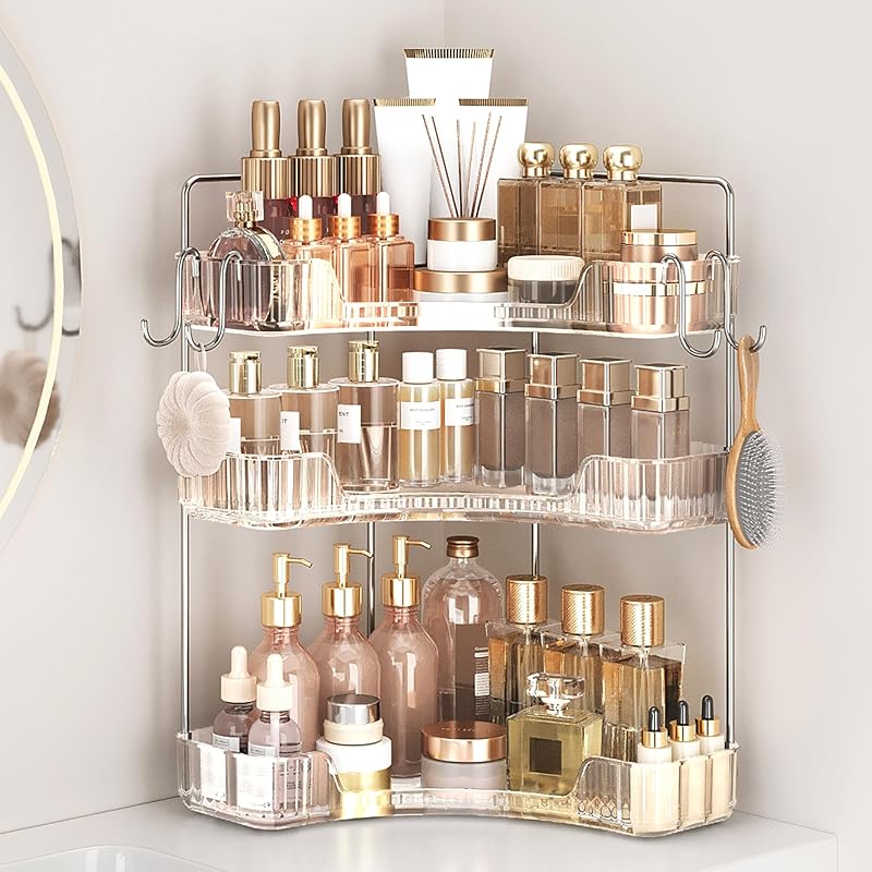 Corner Bathroom Counter Organizer 2 Tier Bathroom Organizers and Storage Countertop with Hooks Skin Care Exquisite Vanity Organizer Countertop 2 Tier