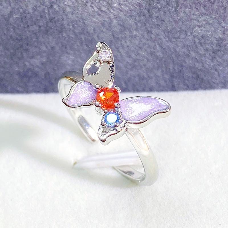 Sweet And Cool Purple Gradual Change Color Enamel Dripping Oil Butterfly Zir*****Pening Ring Premium Light Luxury Niche Personality Ring Woman