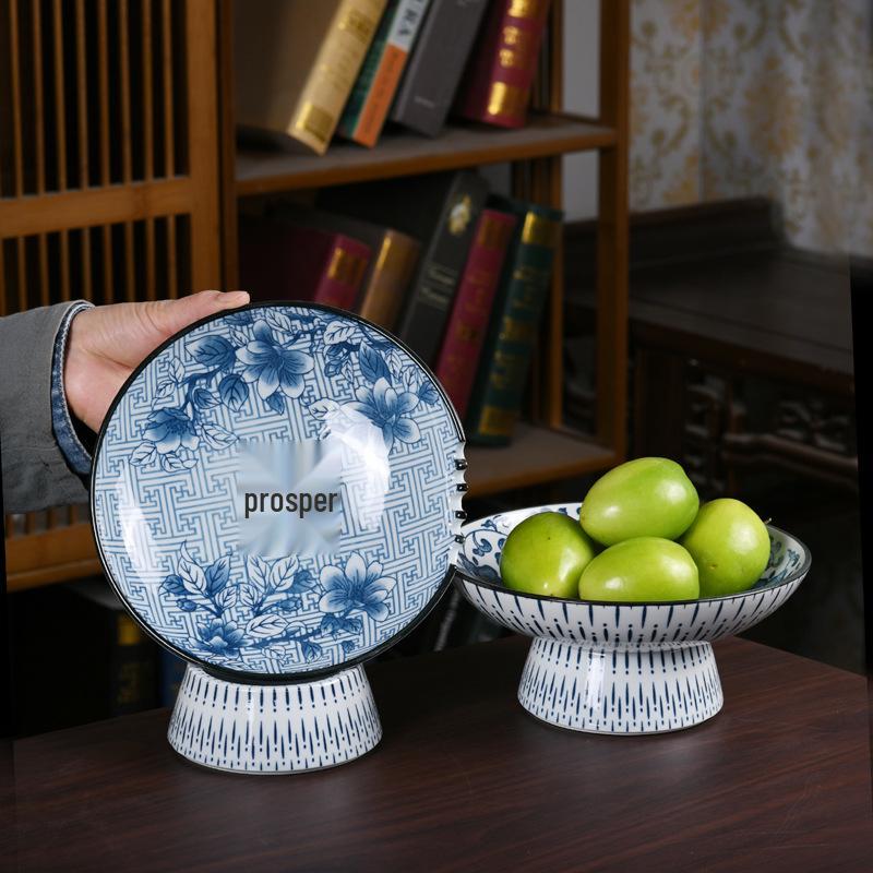Blue & White Porcelain High-Footed Fruit Bowl for Tea Room or Coffee Table