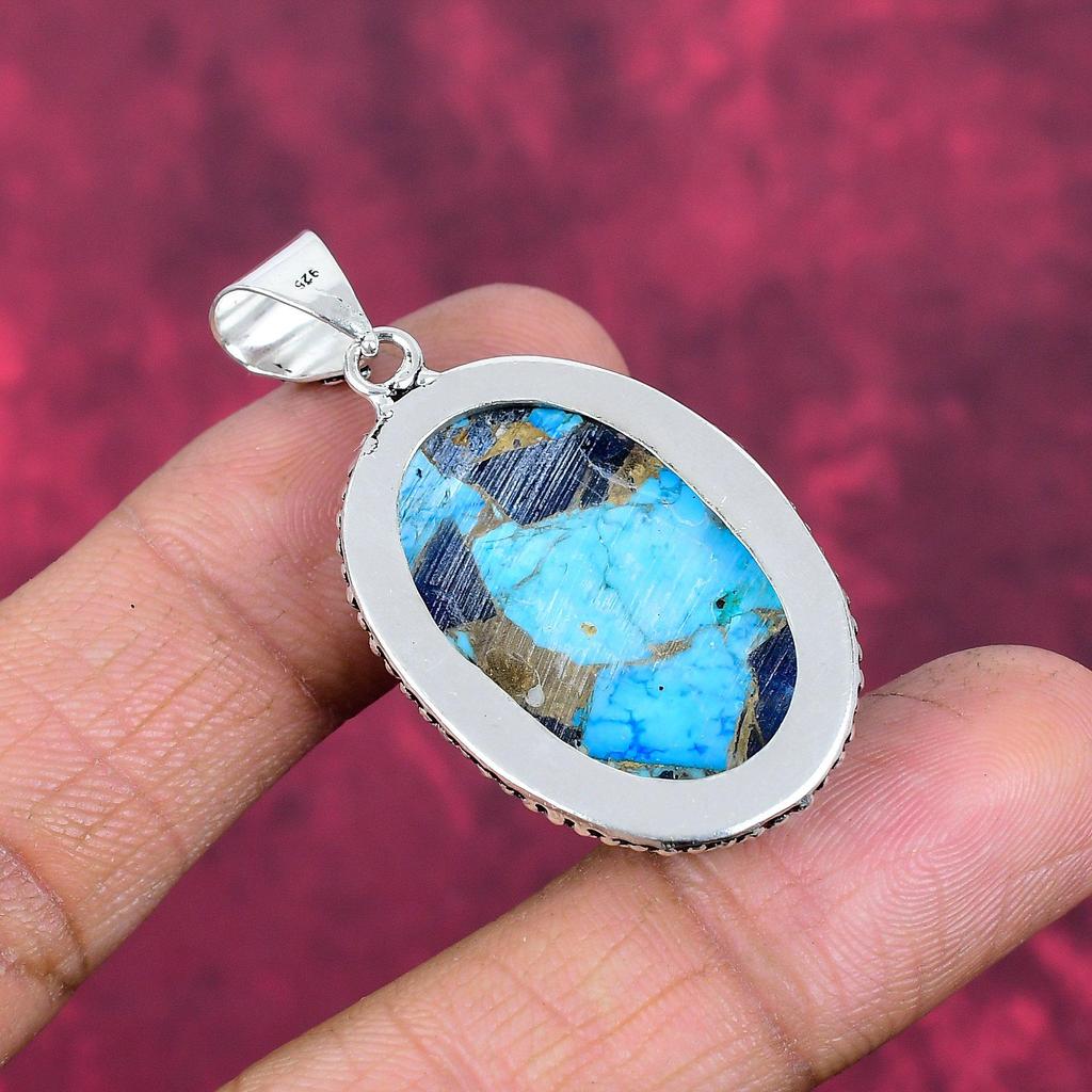 Copper Turquoise Pendant Gemstone Jewelry, 925 Solid Sterling Silver Pendant, Gift For Women Handmade Pendant