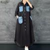 ZANZEA Women Casual Turn Down Collar Short Sleeve Patchwork Long Shirt Dress