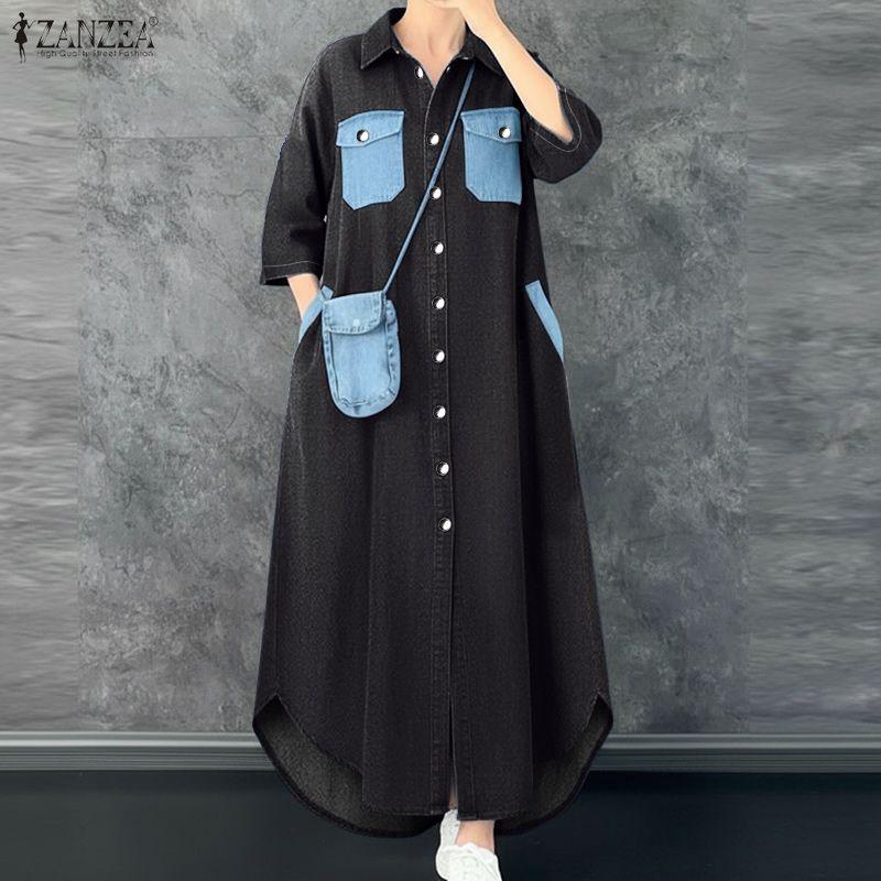 ZANZEA Women Casual Turn Down Collar Short Sleeve Patchwork Long Shirt Dress