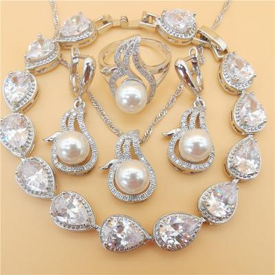 Echtschmucksets mit Naturperlen 925er Silber Brautohrringe Armbänder Ringe Anhänger Hochzeitsketten-Set Zirkonia-Schmuck für Damen