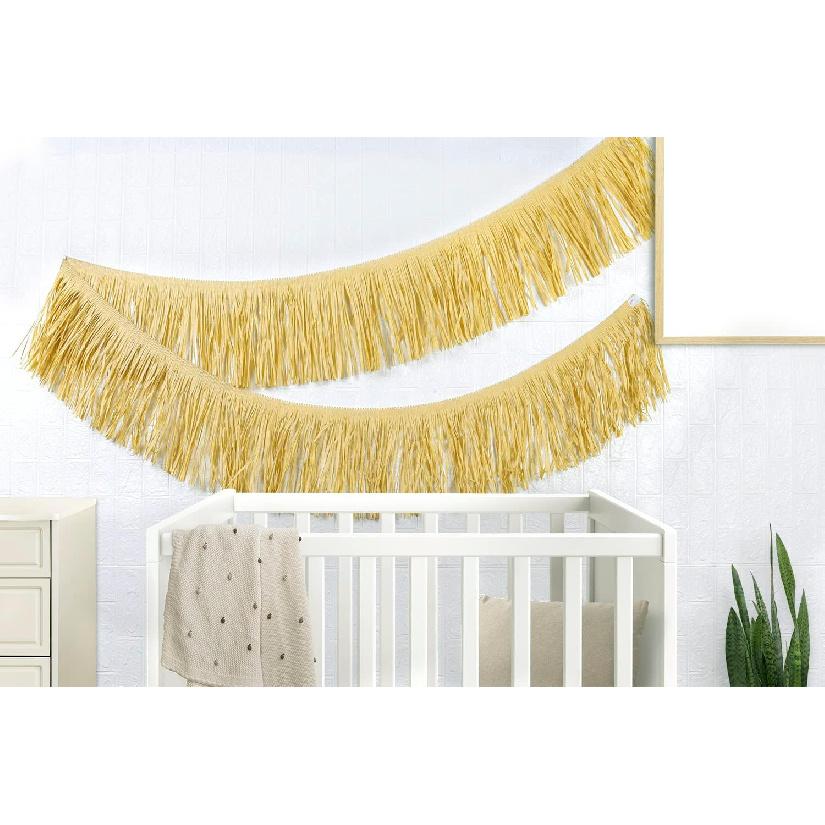 Hawaiian Luau Grass Raffia Fringe Banner Table Skirt for Tropical Birthday Party Tiki Bar, Tent,Chair Skirt,Deck Skirt,Garland Graduation Summer