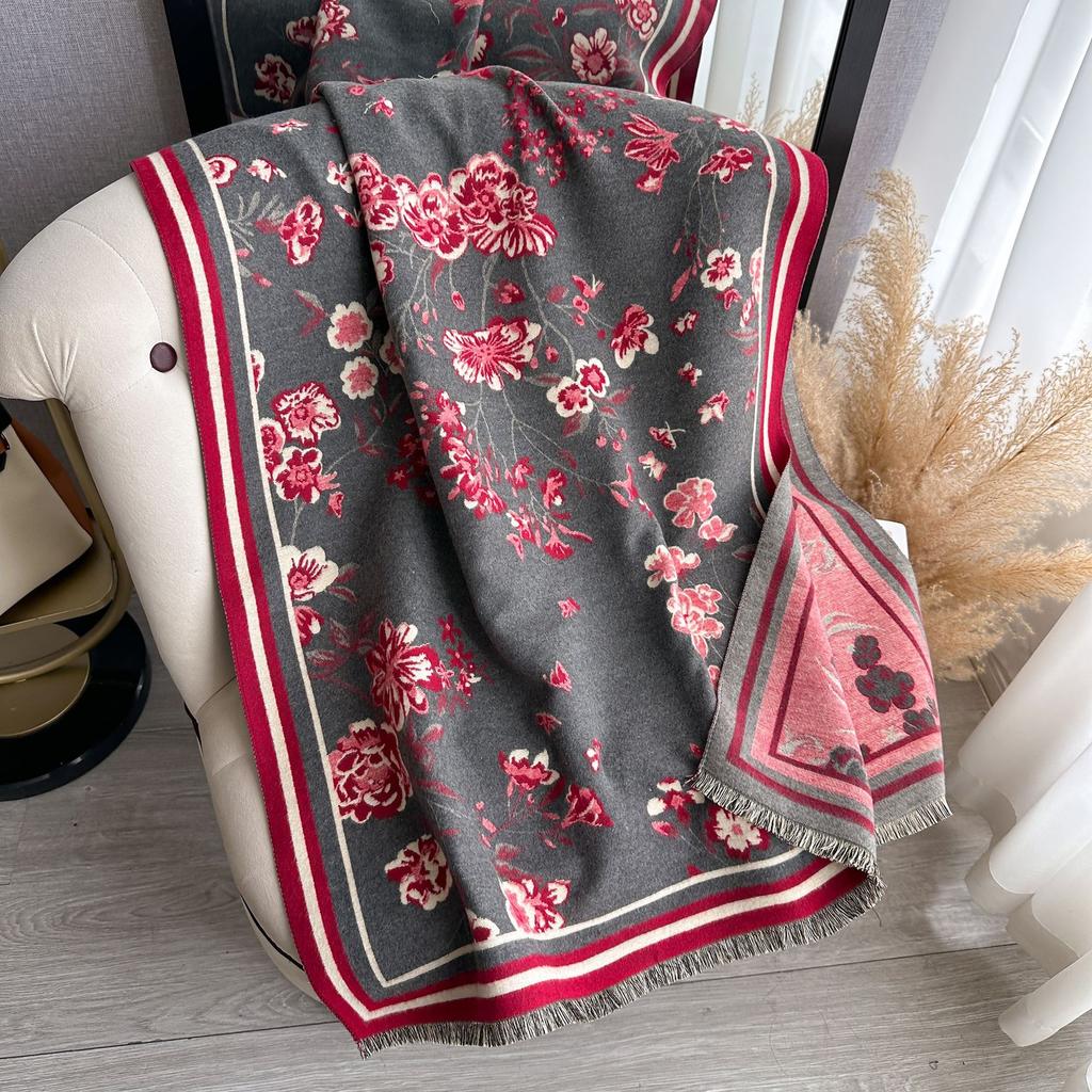Autumn And Winter Scarf Women'S Versatile Imitation Cashmere Thickened Warm Shawl Double-Sided Imitation Cashmere Dual-Purpose Flower