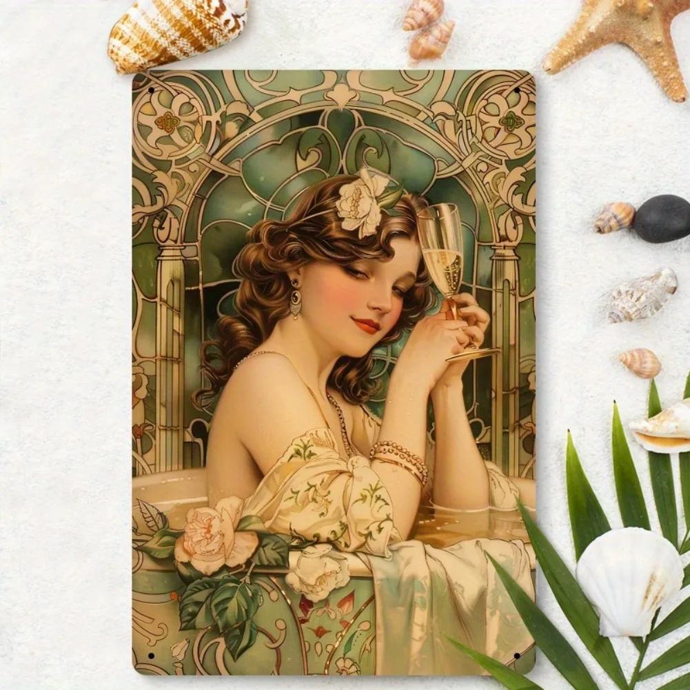 

2d Room Decor - 1920s Elegant Lady Drinking Champagne in Bathtub Vintage Tin Painted Sign Bathroom Wall Mural 20x30cm
