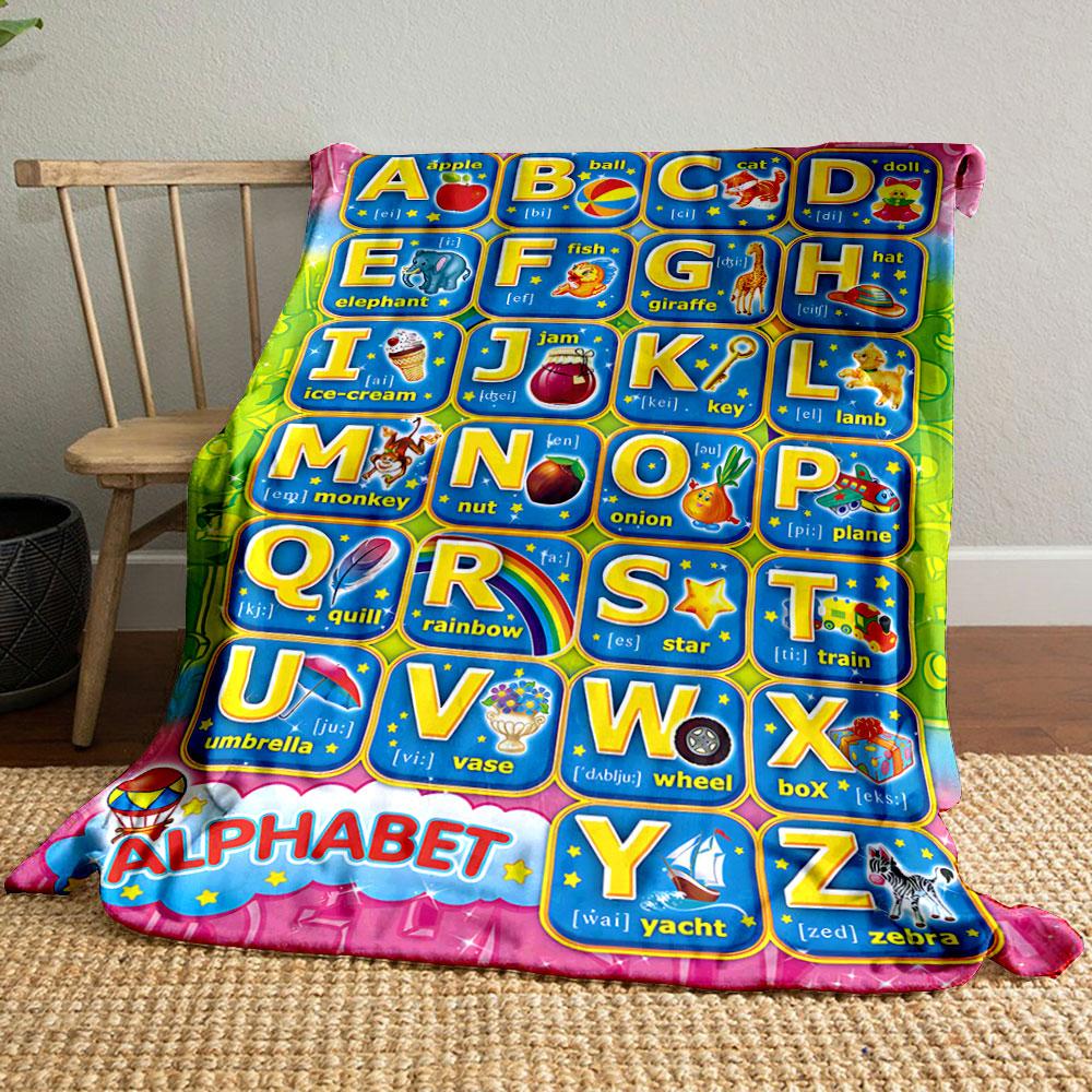 Colorful alphabet chart with letters, words, images, and phonetic symbols. for all seasons blanket lunch break throw gift