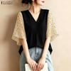 Women Elegant V-Neck Floral Print Splice 3/4 Sleeve Loose Casual Blouse