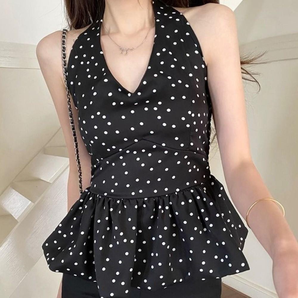 Polka Dot Halter Ruffle Vest Top V-neck Women Camisole Comfortable Sleeveless Crop Top Streetwear