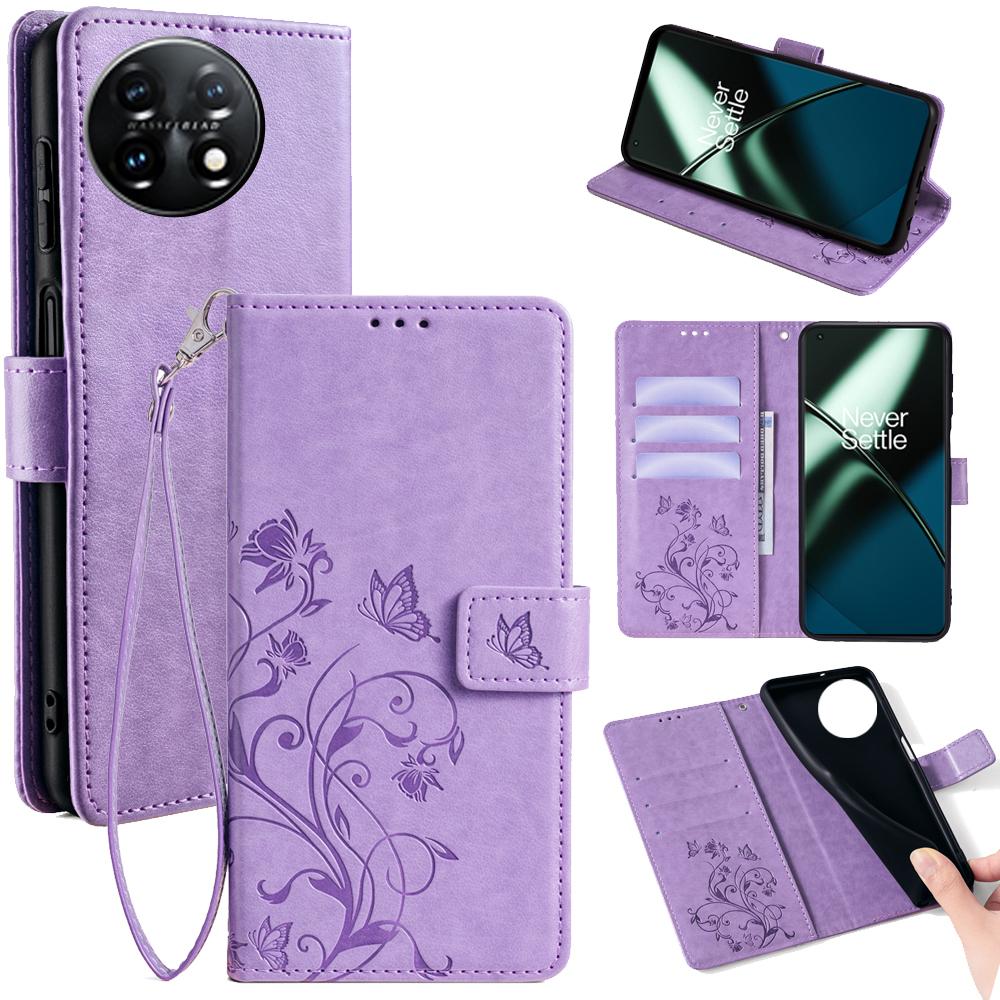 For OnePlus 11 5G Case Butterfly Flower Imprinted PU Leather Flip Phone Cover with 3 Card Slot