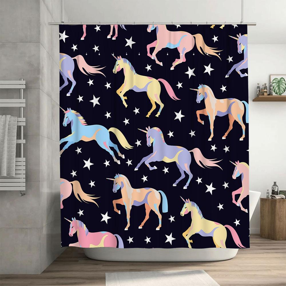 Stylish Unicorn Shower Curtain Waterproof Fabric Bath Decor Blue Background with Stars Pattern Bathroom Linen Decoration for Hom