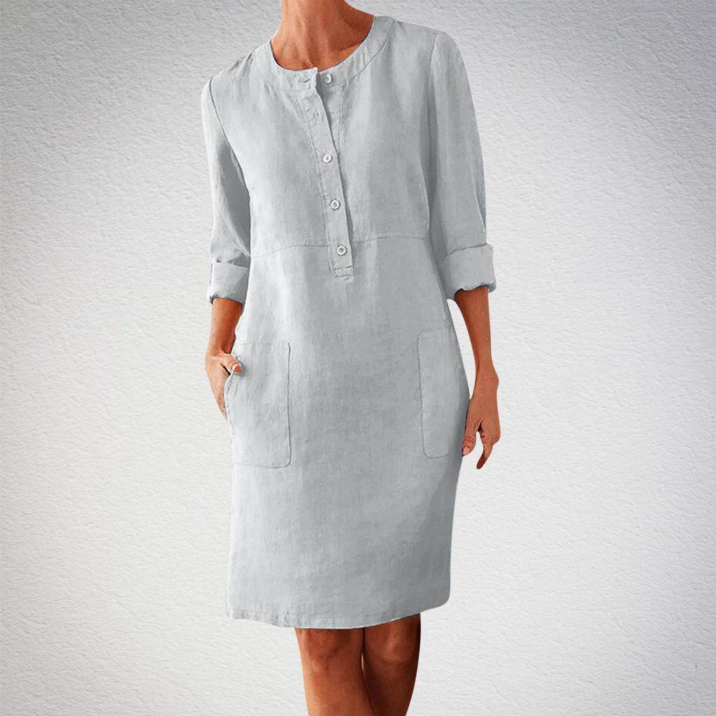 Large Size Women's Cotton and Linen Round Neck Long Sleeved Dress