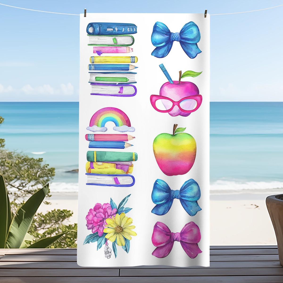 

1pc Adults Microfiber Beach Towel Books Rainbow Apple Floral Bows Watercolor Style Beach Blanket Lightweight, Perfect for W40*H60(CM)