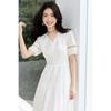 Elegant Cotton V-Neck Puff Sleeve Hollow-Out Midi Dress