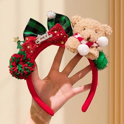 1pc Serre-tête de Noël Ours en Peluche Mignon avec Oreilles à Carreaux, Nœud Rouge & Vert et Pompon - Accessoire pour Cheveux Festif Doux et Confortable