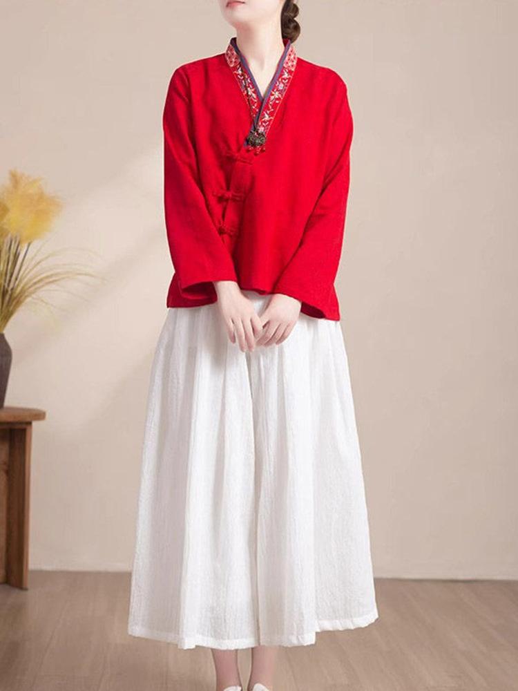 Placket embroidered disc-buckled cotton and linen long-sleeved cardigan women's casual loose spring and autumn top