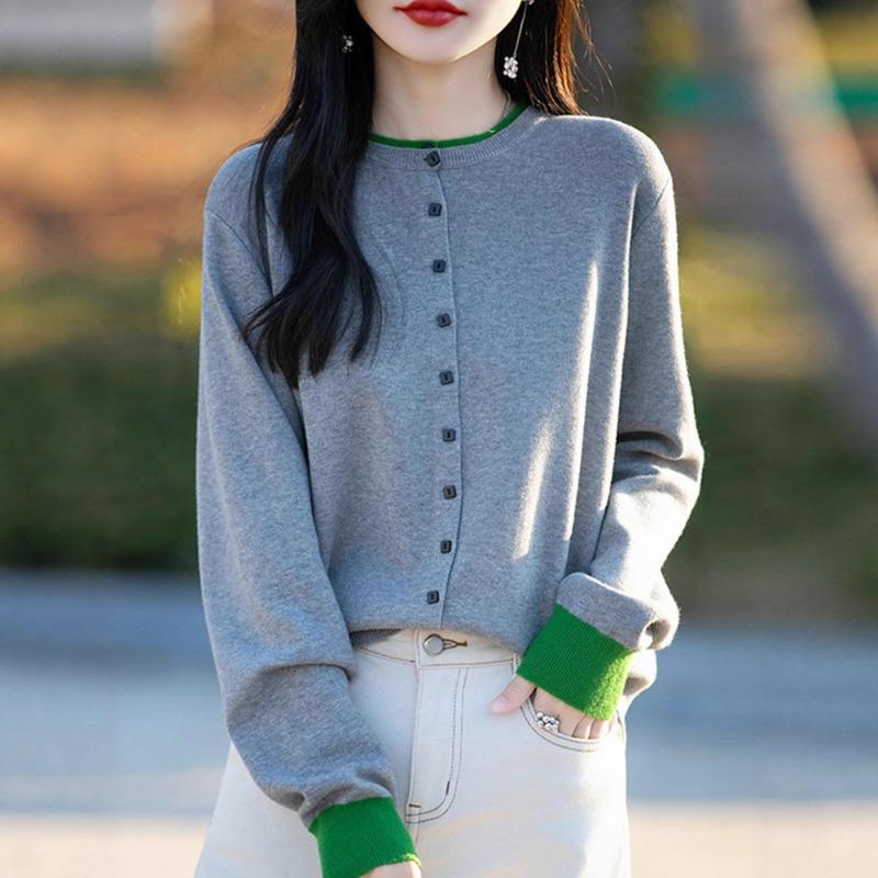 Autumn Color Matching Button Round Neck Fake Two-piece Knitted Sweater Cardigan Women's Jacket Thin Loose Literary Sweater