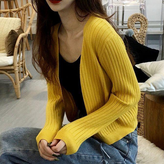 

Весна Осень Свободный Мягкий Стиль Укороченный Кардиган Вязаный Женский Топ с Корейским Воротником и Длинным Рукавом 2XL жёлтый