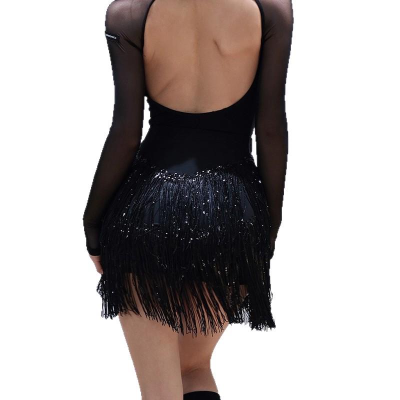 Damen Sommer Latin Dance Outfit: Spaghetti-Träger Pailletten Fransen Oberteil & Halber Rock