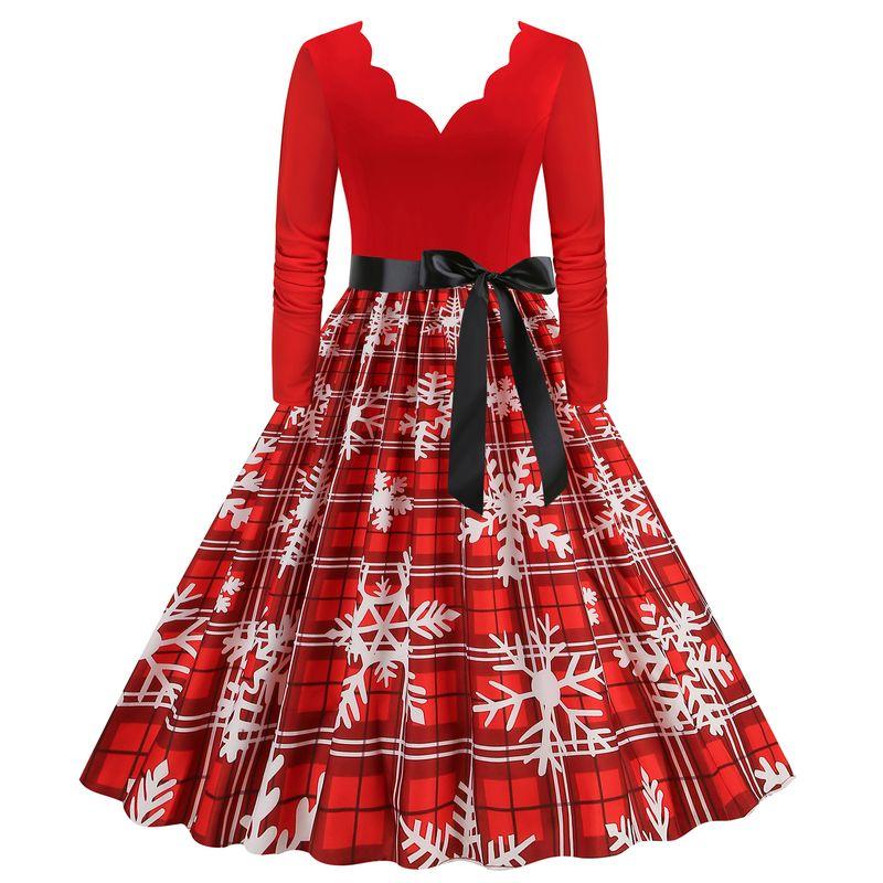 European and American Retro Autumn Burning Flowers V-neck Slim Fit A Word Snowflake Elk Christmas Mid-Length Long Sleeve Dress Formal Dress