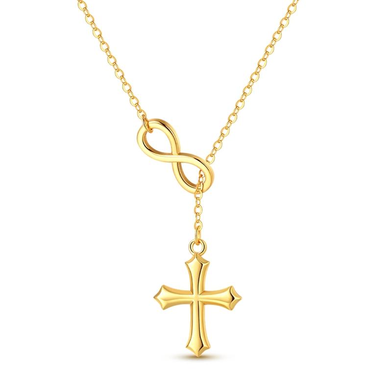 

925 Sterling Silver Golden Infinity Cross Y Drop Necklace Minimalist Religious Faith Pendant Jewelry Gift for Women