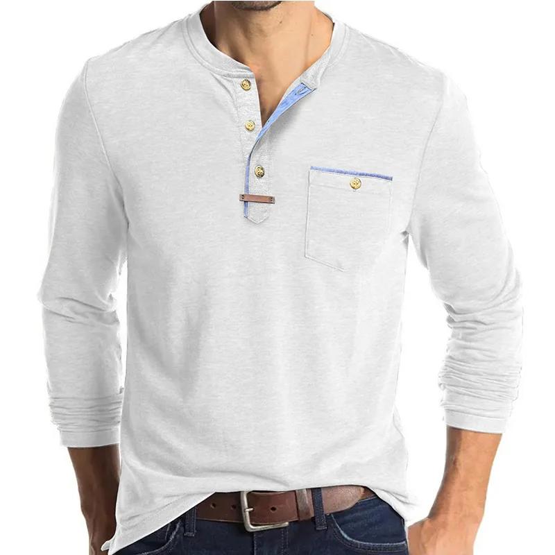 

Men s Casual Henry Collar Long Sleeve T-Shirt Fashion Patchwork Comfortable Slim Fit Basic Tees for Daily 3XL белый
