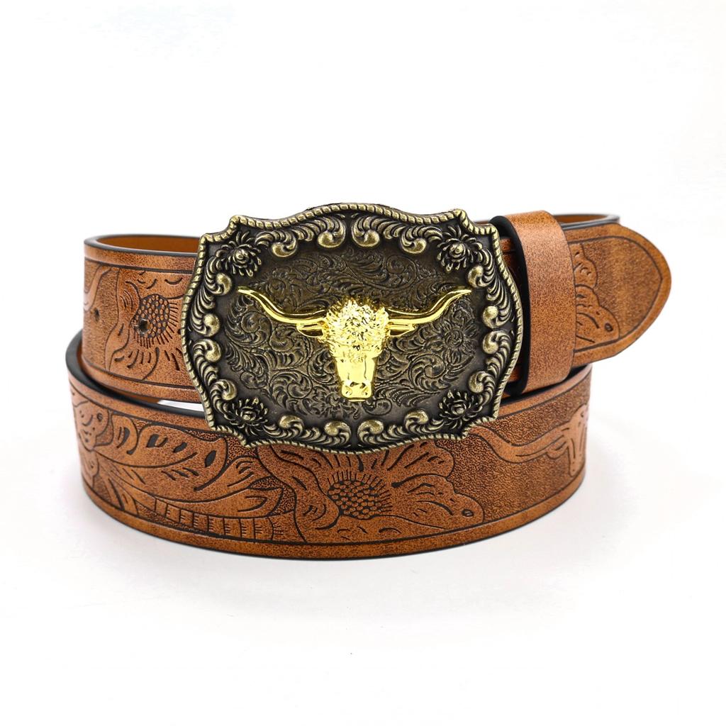 Western Denim Belt Cow Head Big Board Buckle Retro Green Men'S Punk Pu Leather Belt