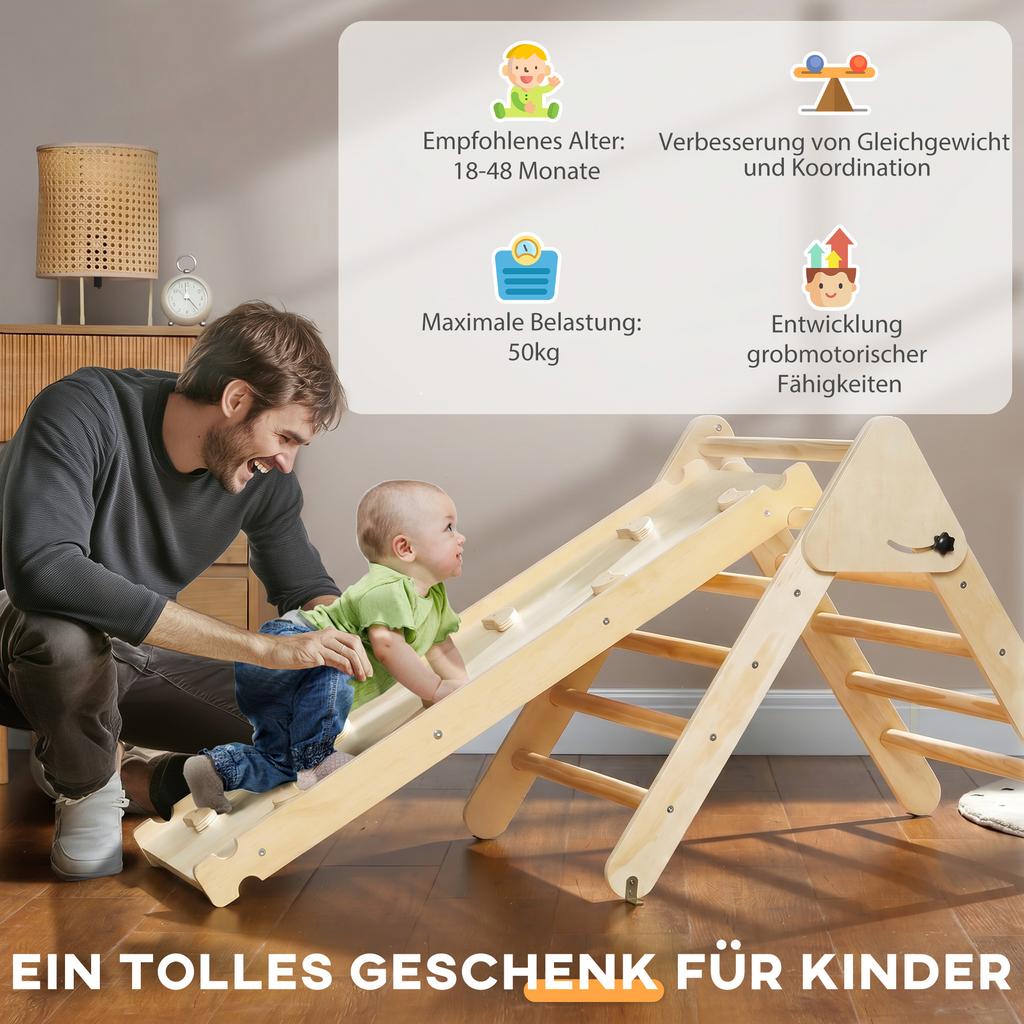 Kids' Wooden Climbing Set with Triangle Ladder and Two-Sided Ramp, for Children Aged 18-48 Months