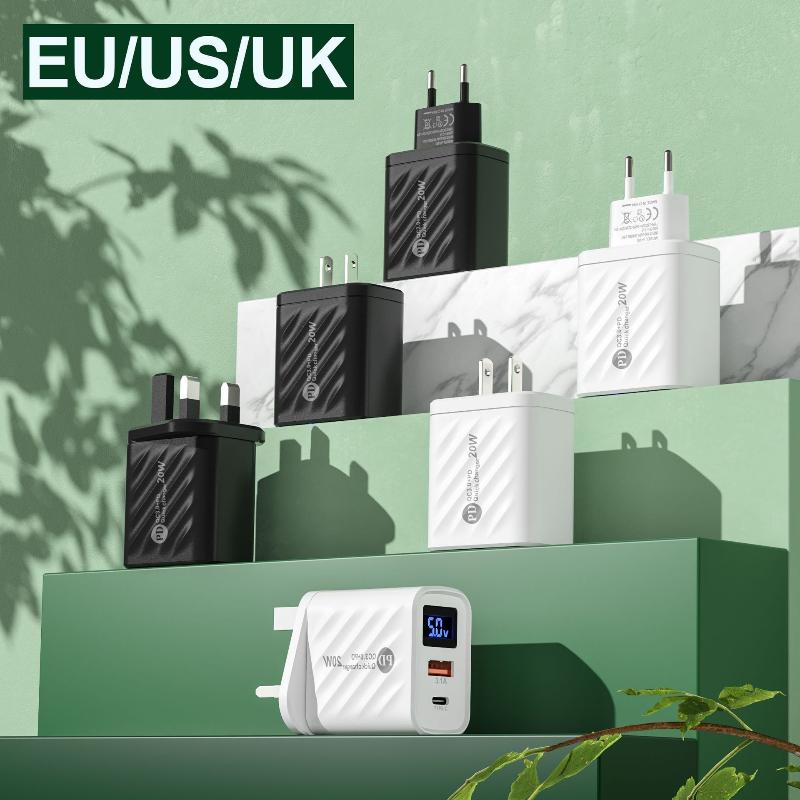 Pd Type C Usb Quick Charge 3.0 Wall Phone Charger 20W Fast Charging Digital Display Charger Adapter