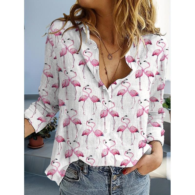 European and American 1D Digital Printing Stand-up Collar Long-sleeved Shirt Women's Loose Hawaiian Style Vacation Casual Top Trend