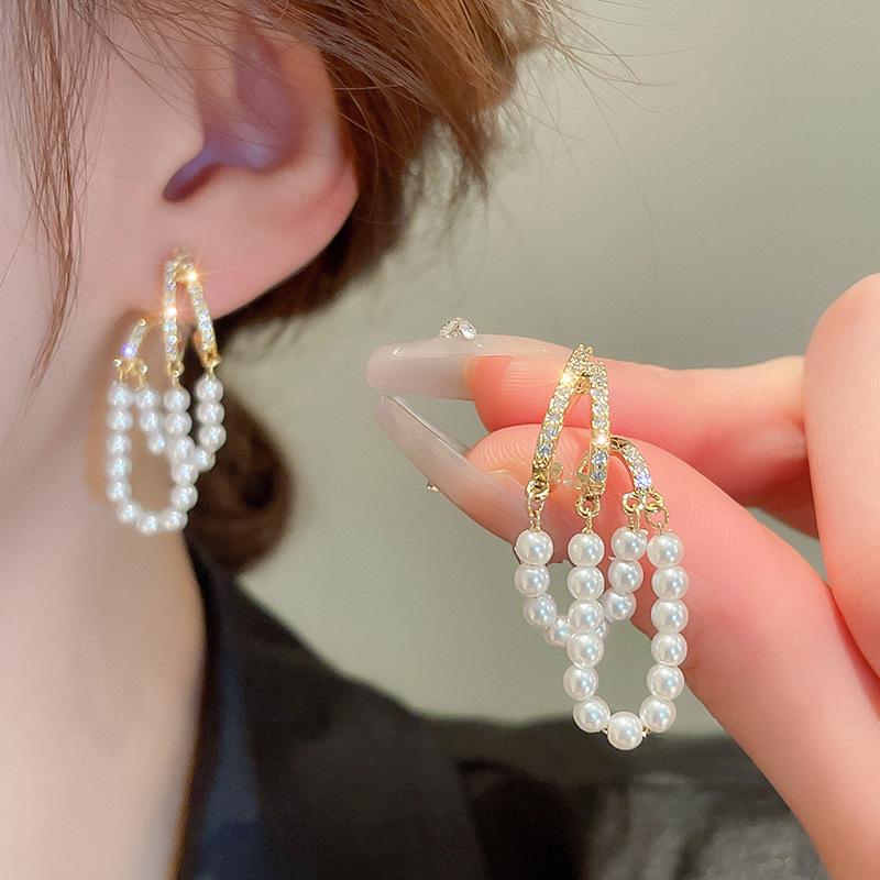 Retro Double Layer Pearl Tassel Stud Earrings - Real Gold Plated Fashion for Women