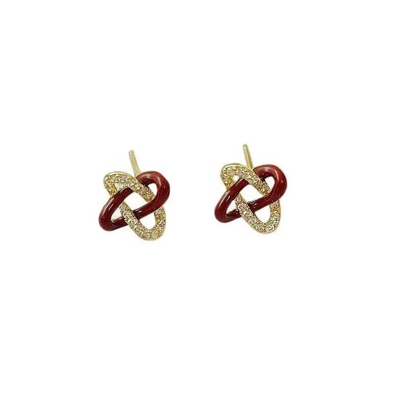 S Silver Needle Red Surround Concentric Knot Earrings Light Luxury Niche Design Sense Flash Diamond Earrings Exquisite Small Earrings