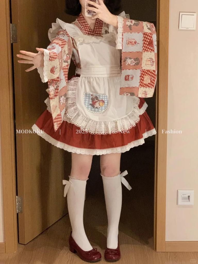 MODKOKU Lolita Maid Kimono Yukata with and Cherry Long and Long Girly Dreamy Mori Size XL Women's Dress, Checkered, Dog, Prints, Sleeves, Haori,