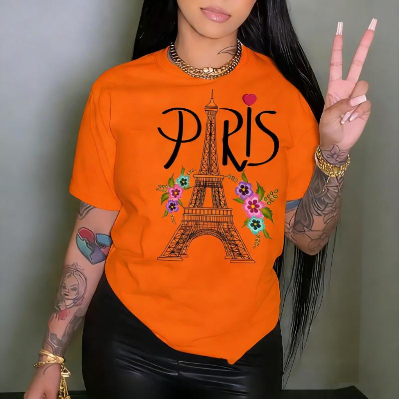 Paris Eiffel Tower Printed Crew Neck Casual TShirt for Summer Spring Women Aesthetic Clothes High Quality Cotton Shortsleev