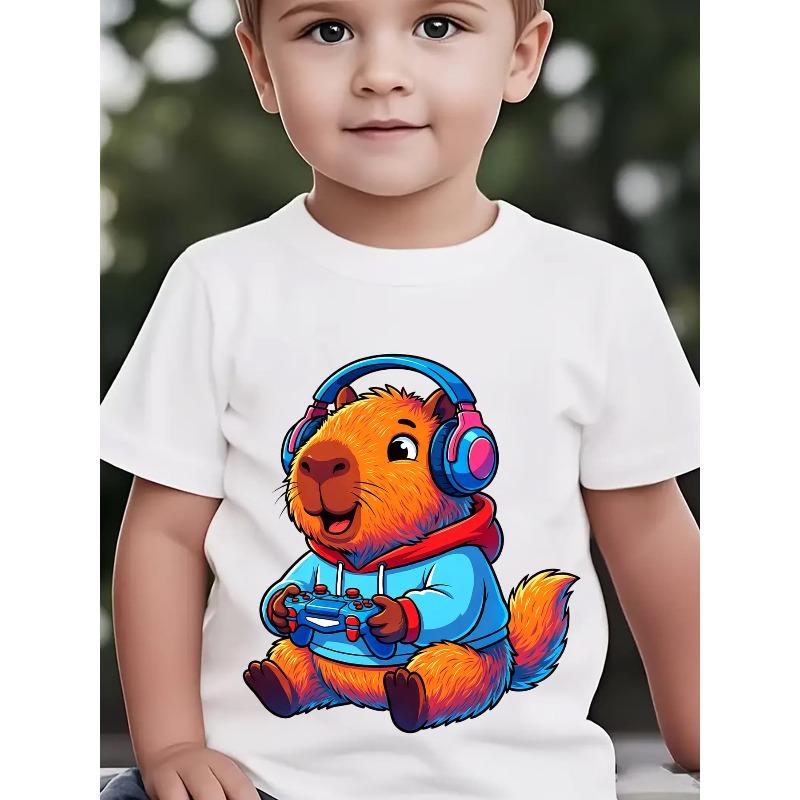 European sizes Summer Boys  Fashion Short-Sleeve T-Shirt with Capybara Cartoon Print Playing Video Game with Headphones, Outdoor Casual Top 110 белый